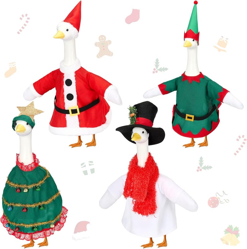 Bafeil 4 Sets Christmas Porch Goose Outfits for 23 Inch Lawn Statue, Costume Christmas Tree Elf for Cement Plastic Goose Statue, Xmas Claus Sculpture Clothes for Garden Yard Patio Xmas Holiday Party Decor - Image 1